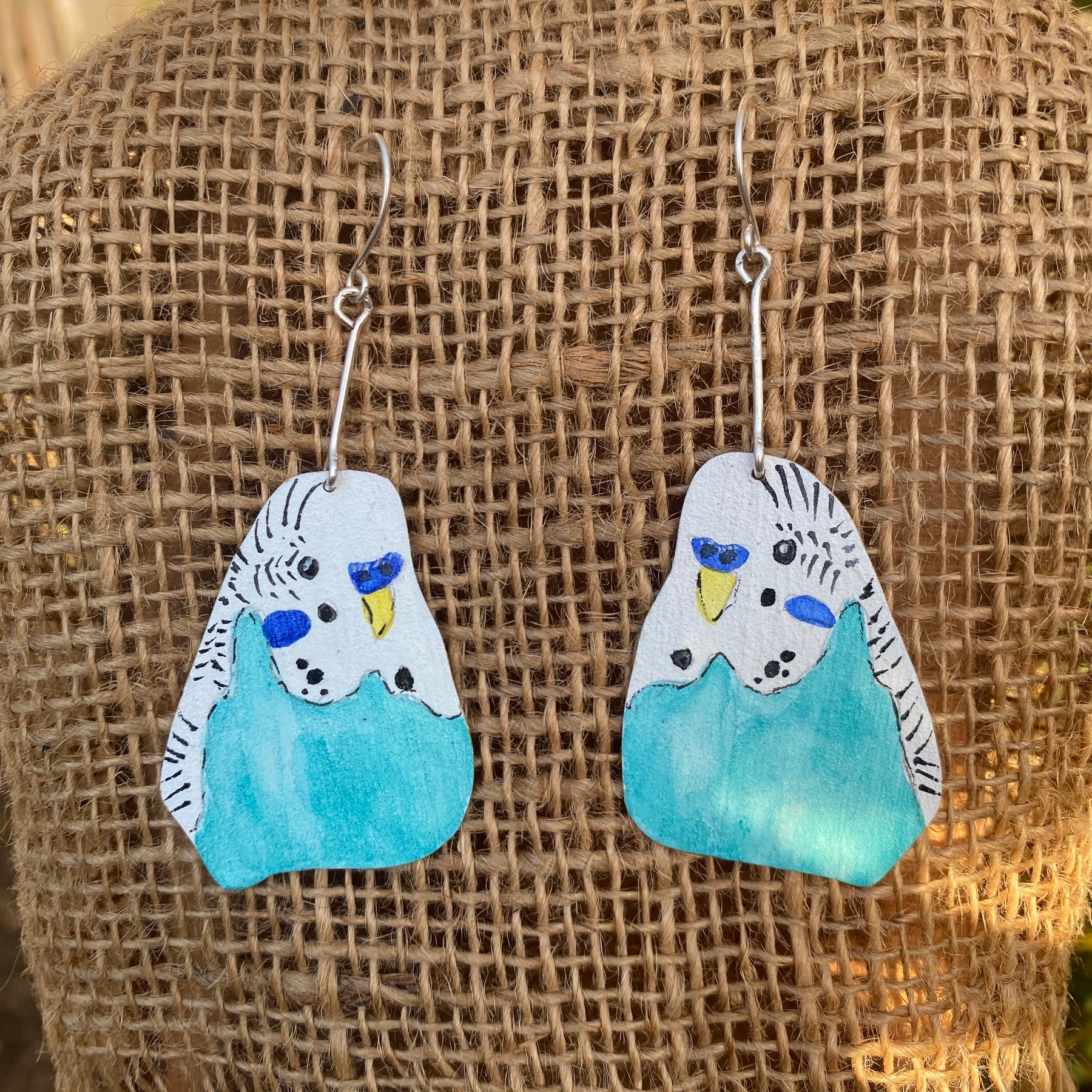 Aqua Budgie Earrings - Hand-painted brass statement jewellery