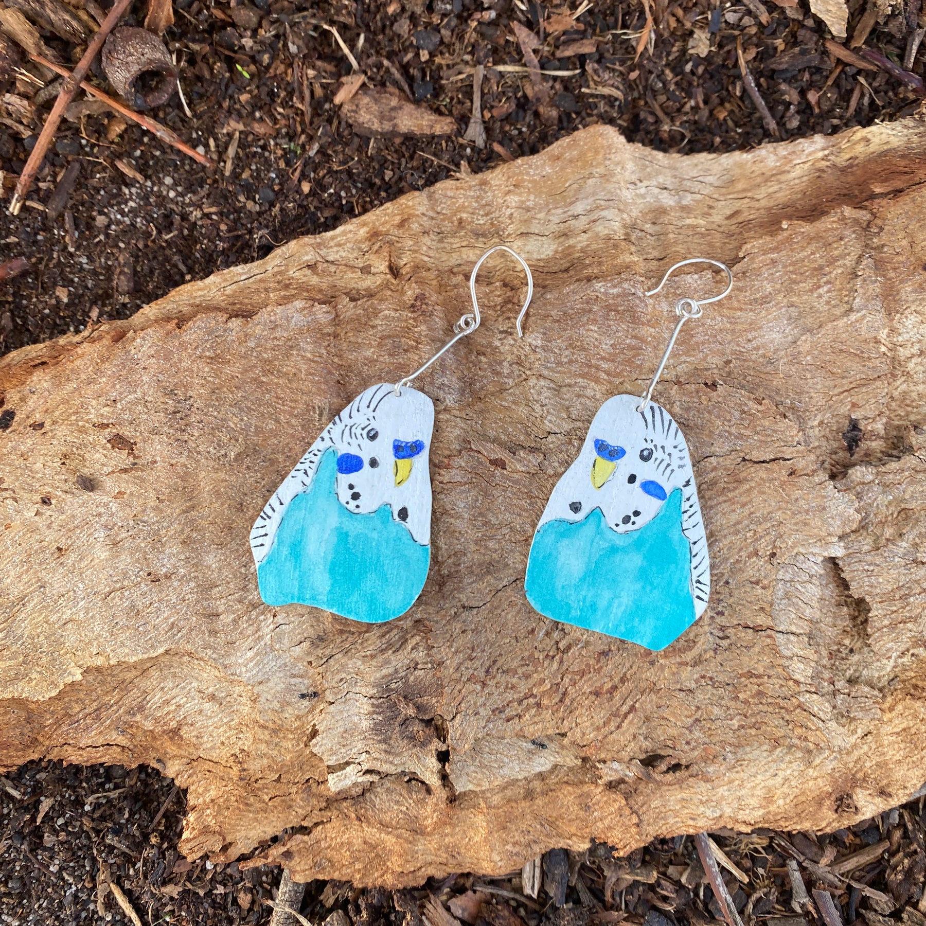 Aqua Budgie Earrings - Hand-painted brass statement jewellery