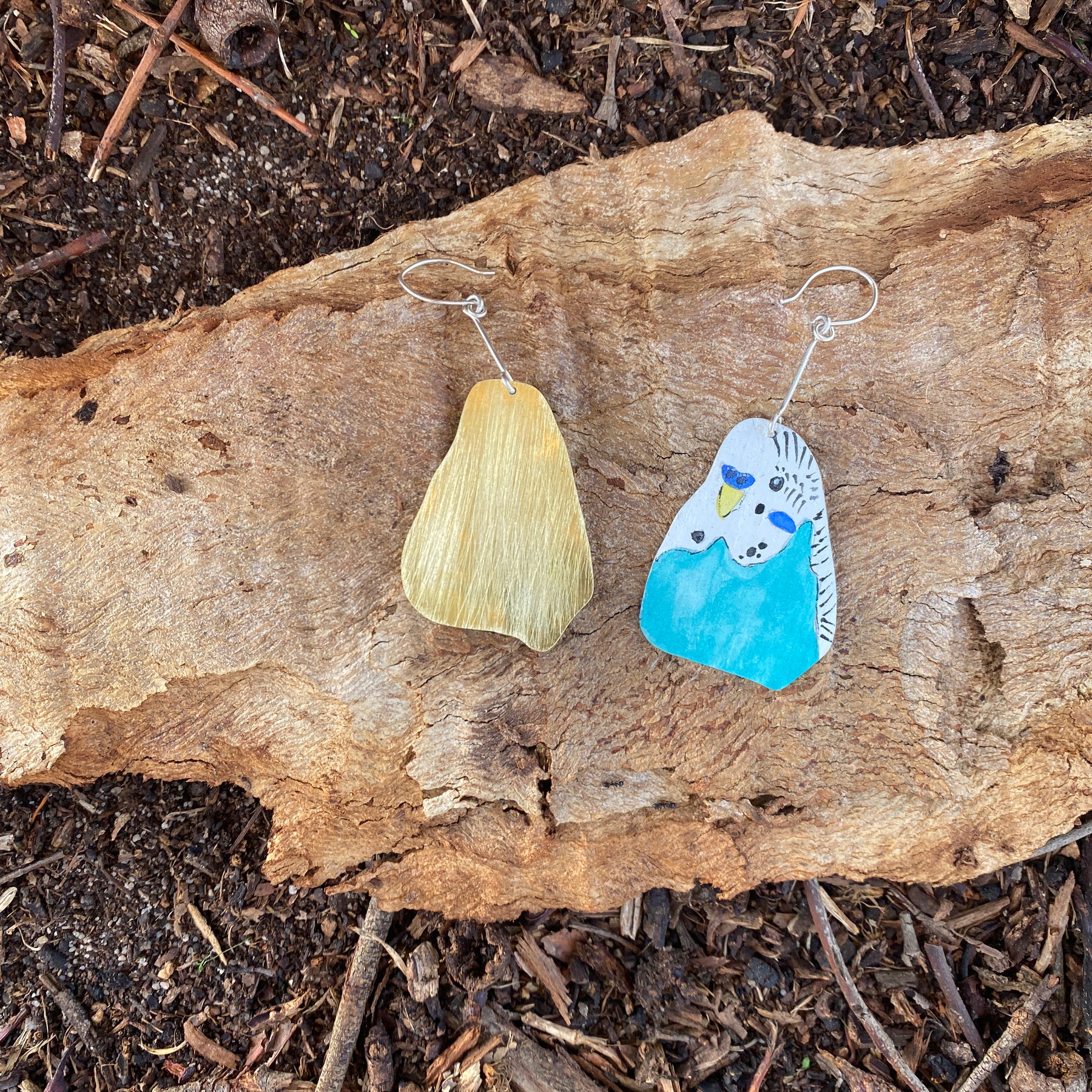 Aqua Budgie Earrings - Hand-painted brass statement jewellery