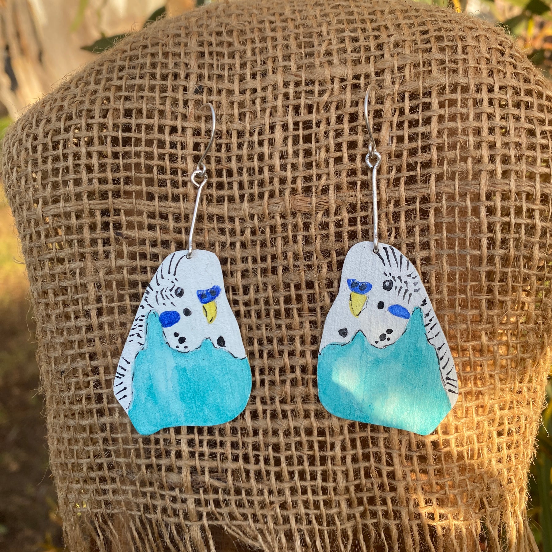 Aqua Budgie Earrings - Hand-painted brass statement jewellery