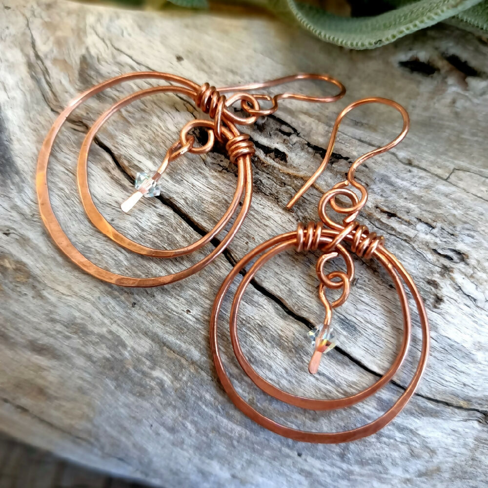 handmade double circle hammered copper dangle earrings