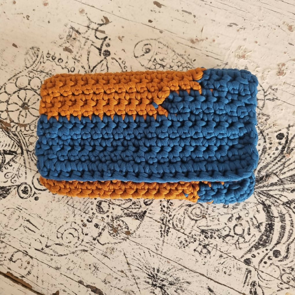 crochet clutch retro style colour block terracotta brown blue hippysunday handmade front