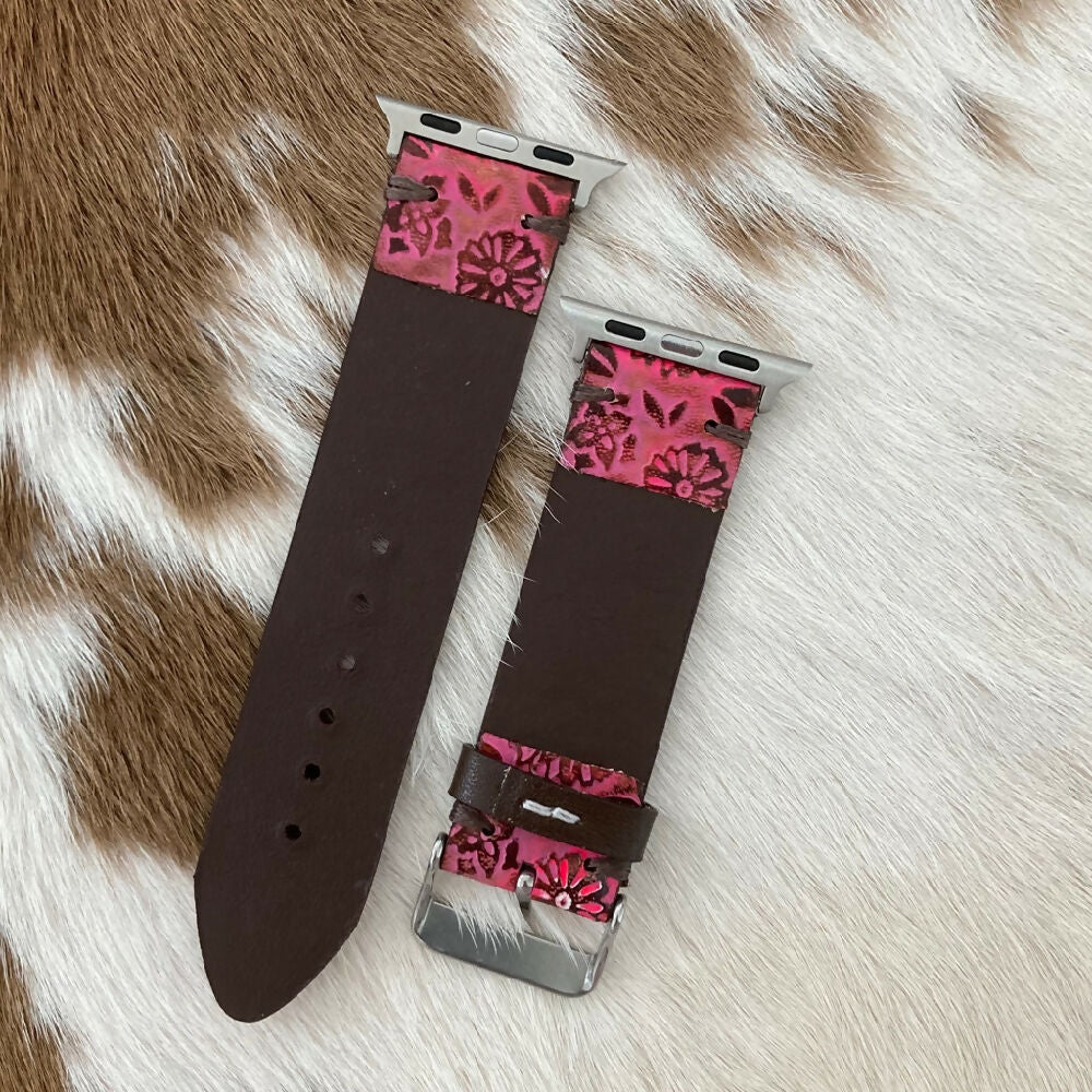 Leather Apple Watch Band - Pink Flowers
