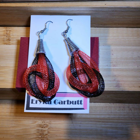 Dangle Earrings, red and black nylon mesh with silver