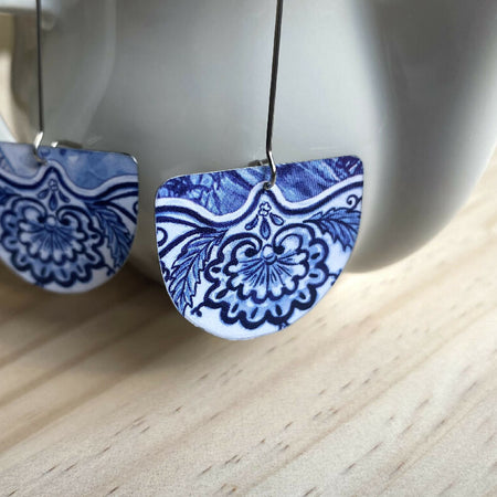 Delft Blue recycled metal semi-circle earrings