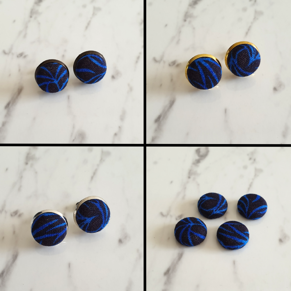 1.4cm Round Black & Blue Plants cotton fabric Cabochon stud earrings