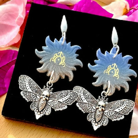 One-of-a-Kind Gothic Sunburst Earrings with Silver Moth Charms