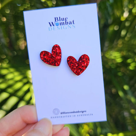 Red Sparkle Glitter Resin Love Heart Stud Earrings 16mm