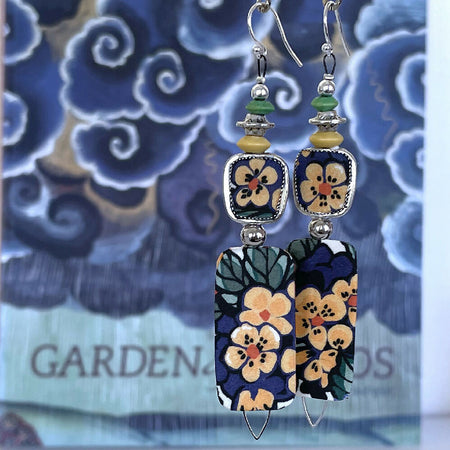 Long asymmetrical floral textile earrings - 2cm x 9cm