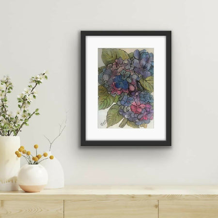 Watercolor painting in black frame , Titled _ Morning glow