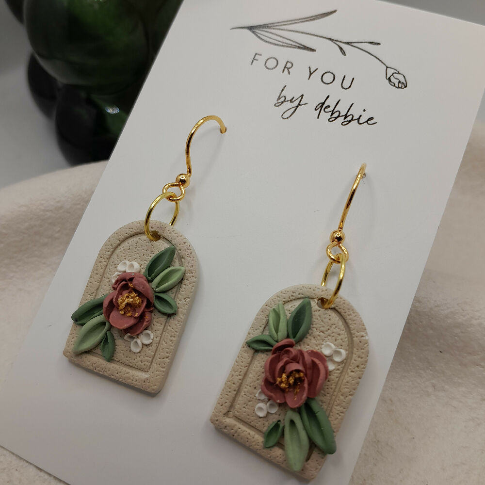 Vintage rose bouquet polymer clay earrings with gold - hypoallergenic hooks