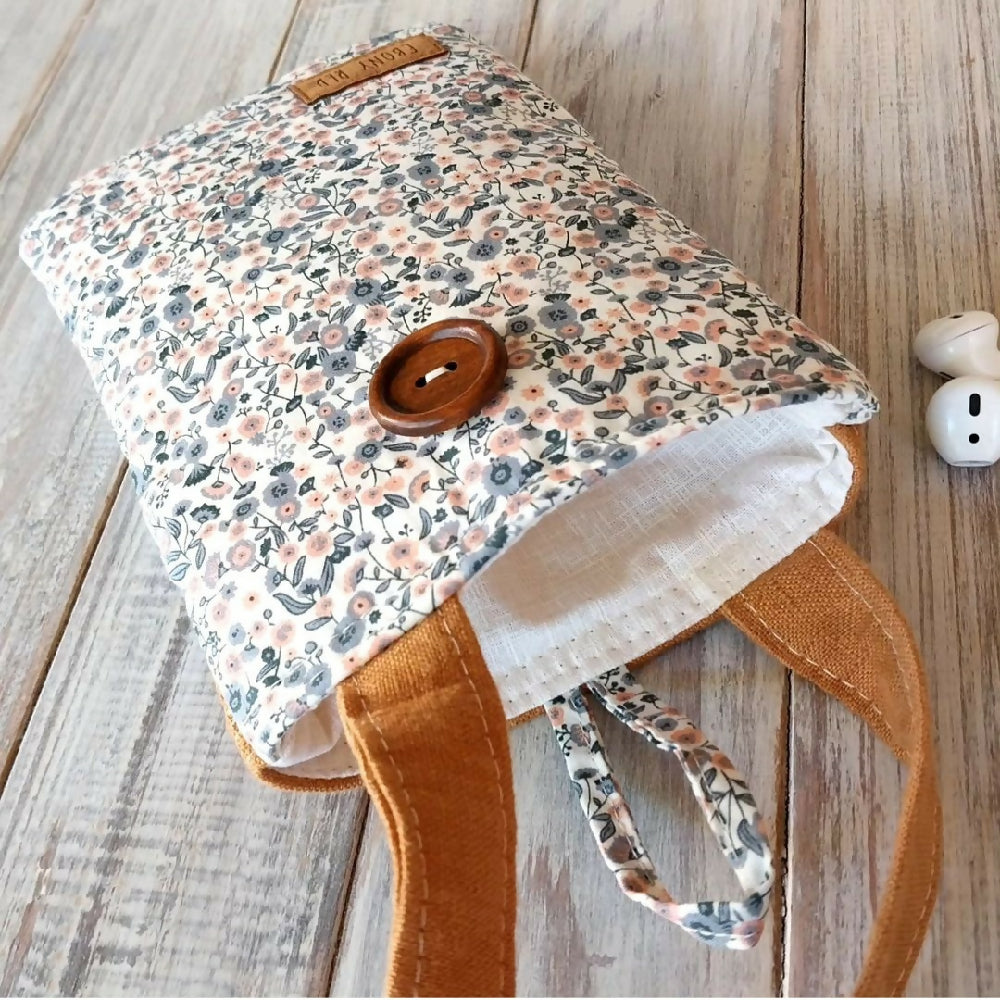 Peachy Grey quilted phone bag - Small ditsy floral crossbody bag