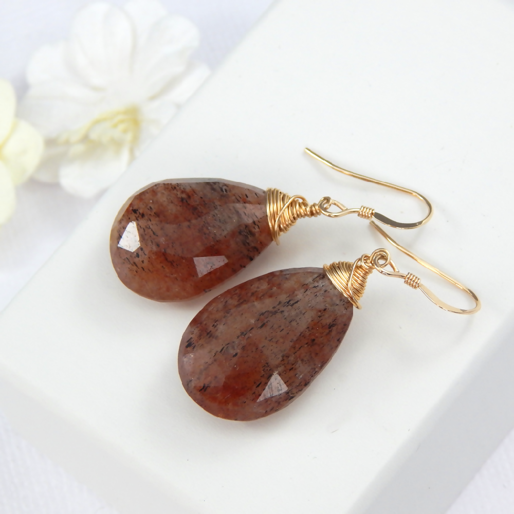 Red Rutilated Quartz Earrings Gold Filled