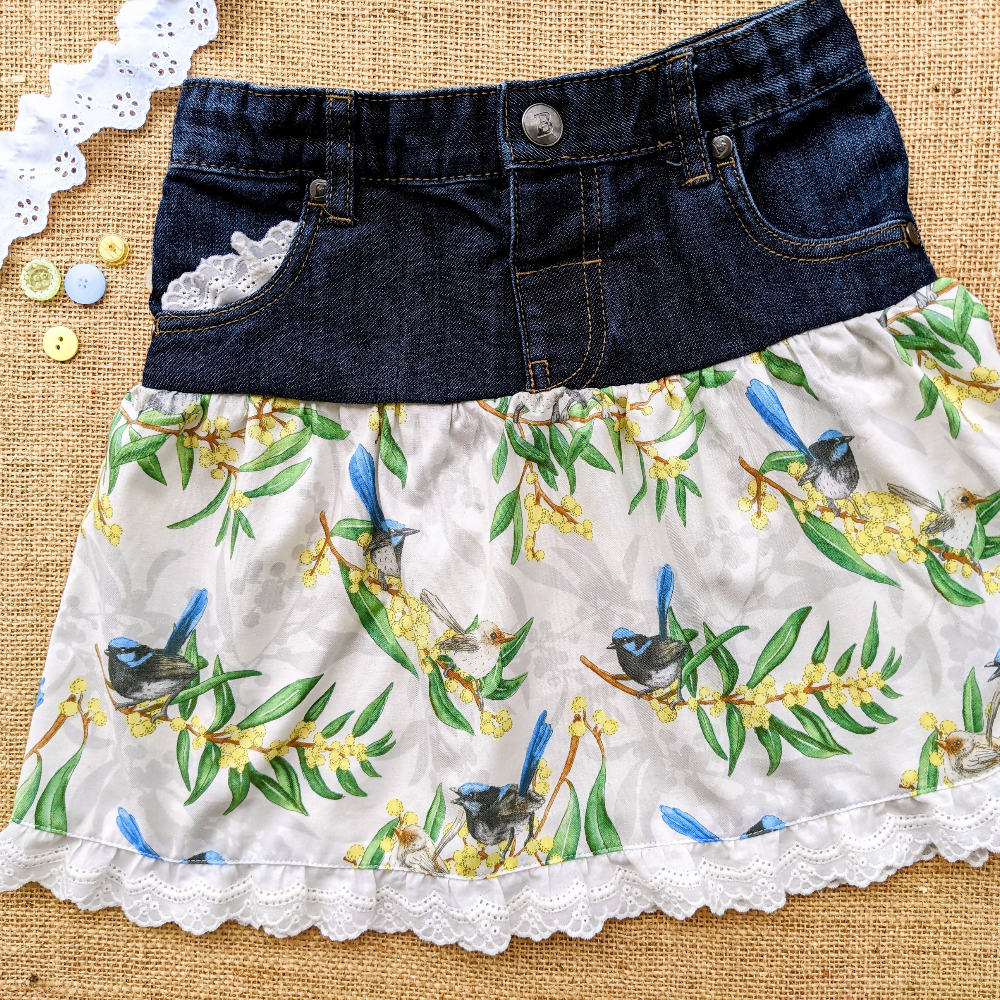 girls-size-5-upcycled-denim-skirt-australian-fairy-blue-wren-wattle-handmade-sewing-artist-the-denim-patch