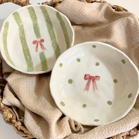 Handmade Ceramic Vintage Ribbon Serving Bowls with Stripes and Dots