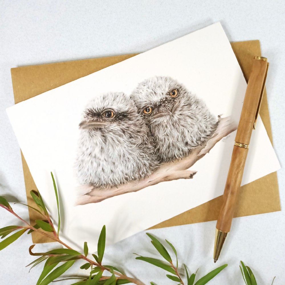 Australian-artist-greeting-card-tawny-frogmouth-chicks-front