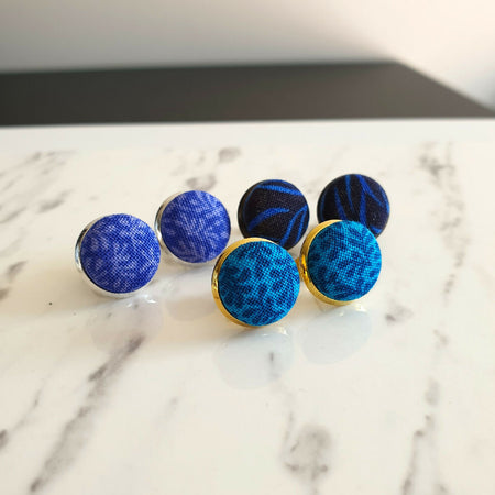 1.4cm Colourful Round Blue / Black cotton fabric Cabochon stud earrings