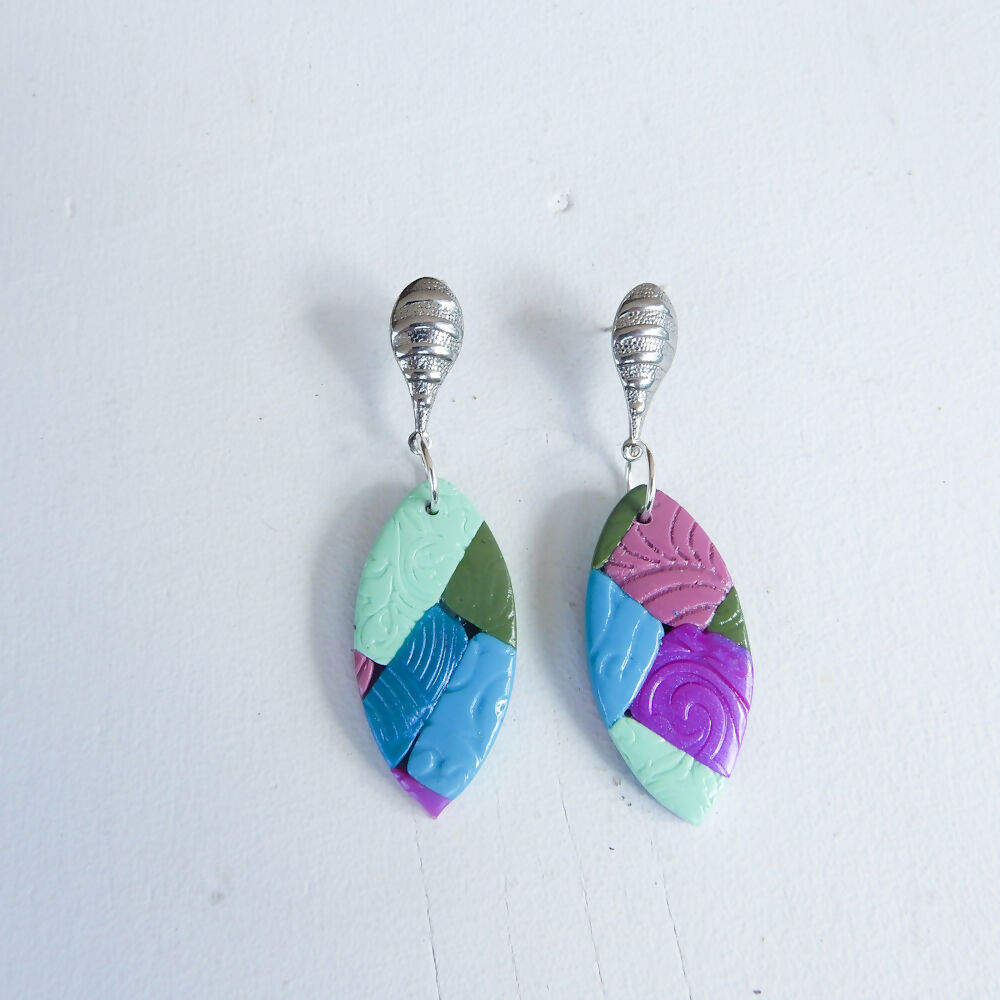 Patchwork Polymer Clay Earrings "Columbine" Leaf