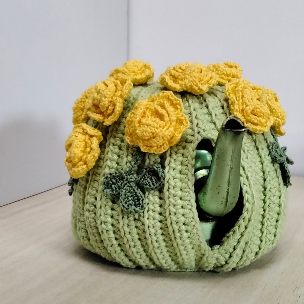 Yellow-roses-medium-large-teacosy-front-green-teapot-Australian-made-watch-the-birdy-crochet