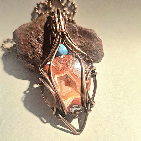 Crazy Lace Agate with Porcelain in Copper with Chain