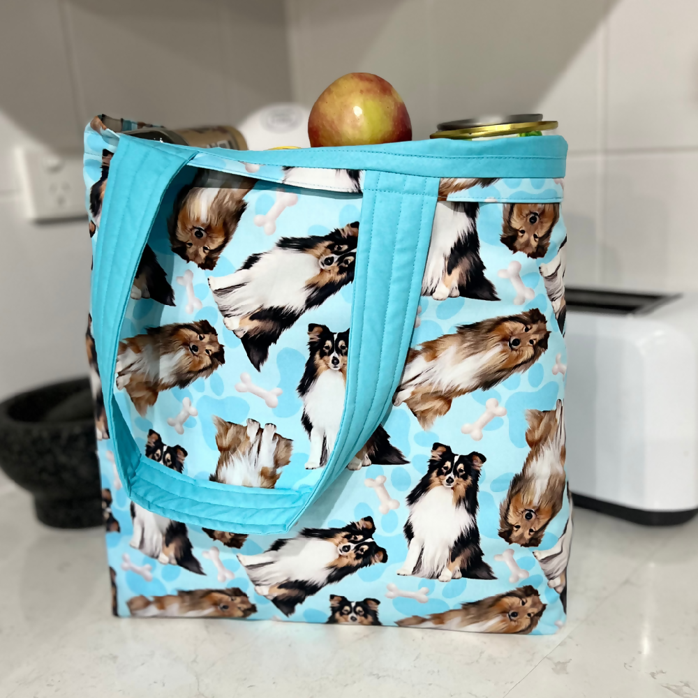 Grocery Tote ... Lined with storage pouch ... Shetland Sheepdog