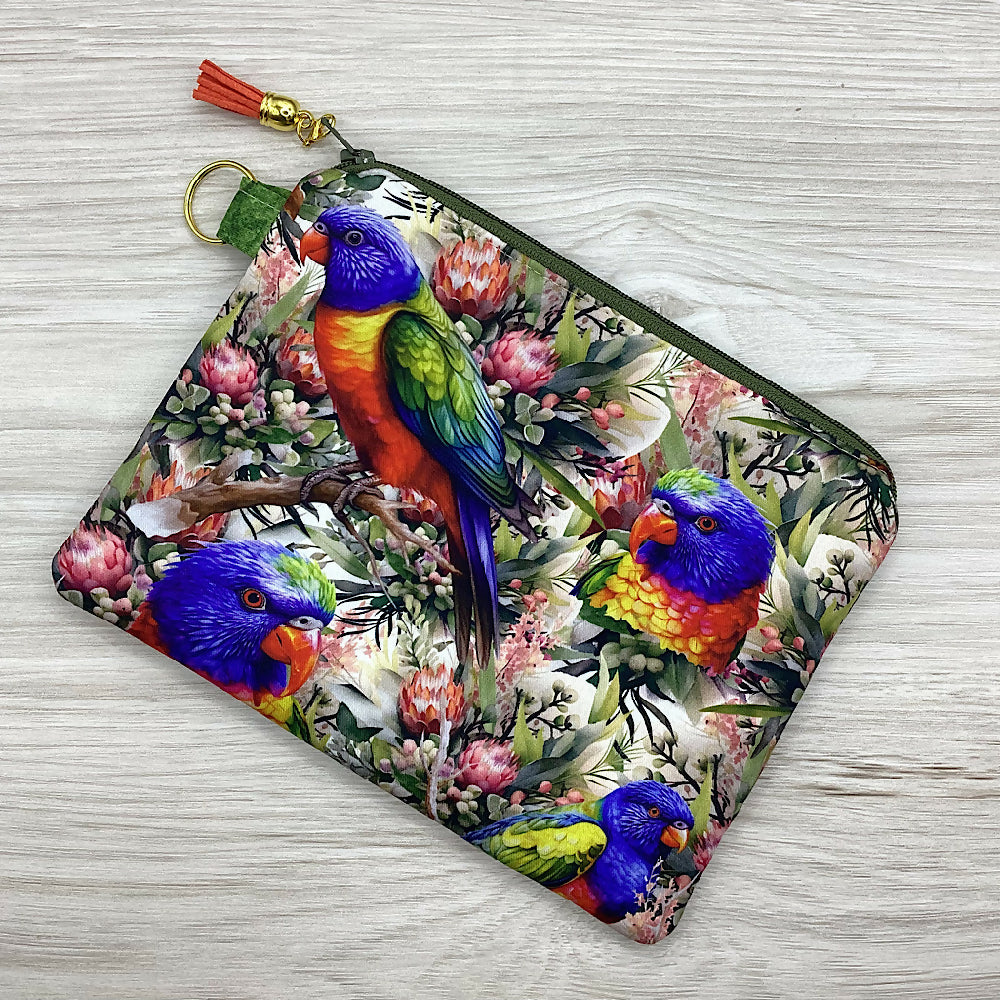 Lorikeets parrots Zip Pouch (21cm x 16cm) Fully lined, lightly padded