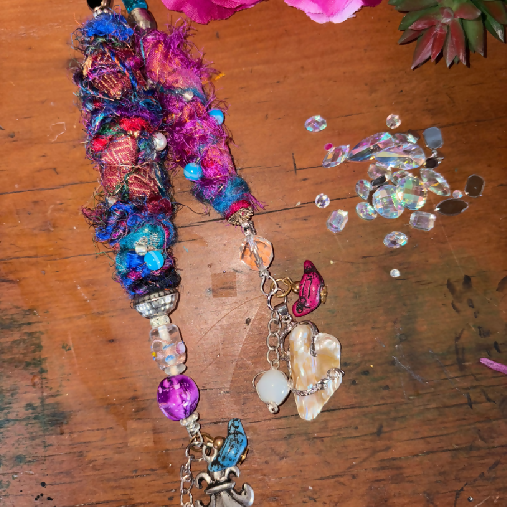 Boho beads with sari silk, handspun wool and charms by Leumesin Handmade