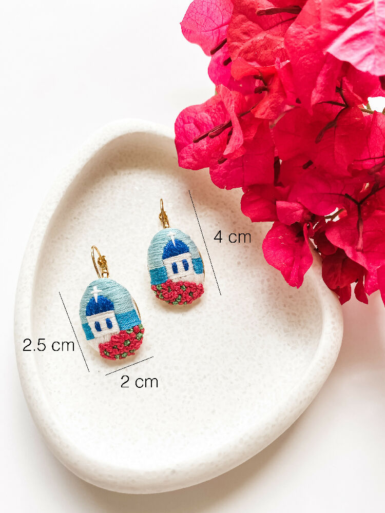 Santorini Hand Embroidered Earrings – Timeless Beauty of the Greek Islands - Dimensions Oval 2cm x 2.5cm x 4cm overall height