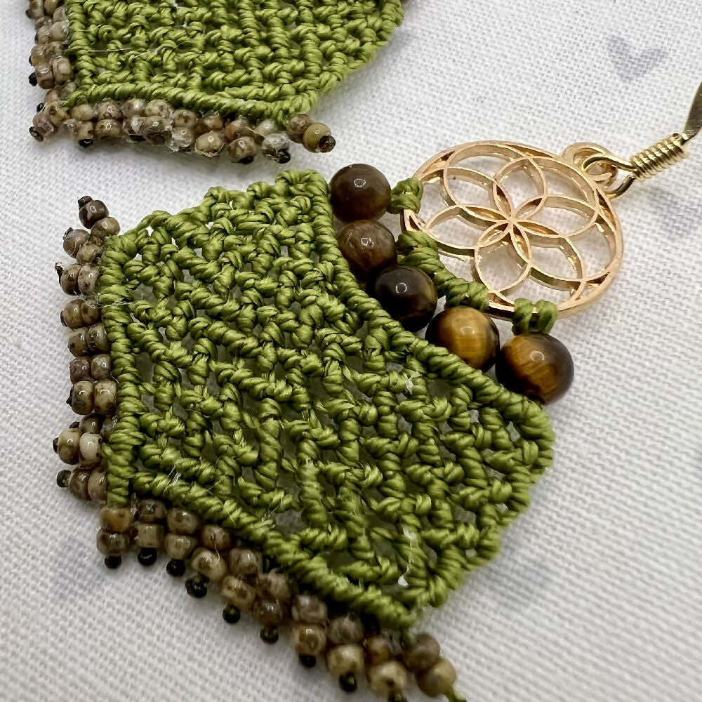 Green Lace Micro Macrame Earrings - Tiger eyes +Free microfibre pouch