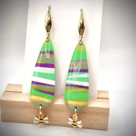 Green Striped Polymer Clay Earrings with Bee Charms