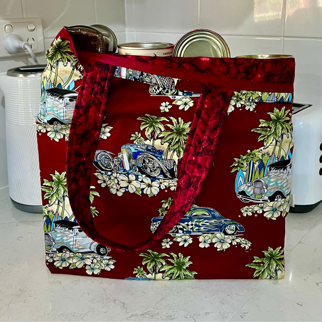 Grocery Tote .. Hot Rods ... Lined with storage bag