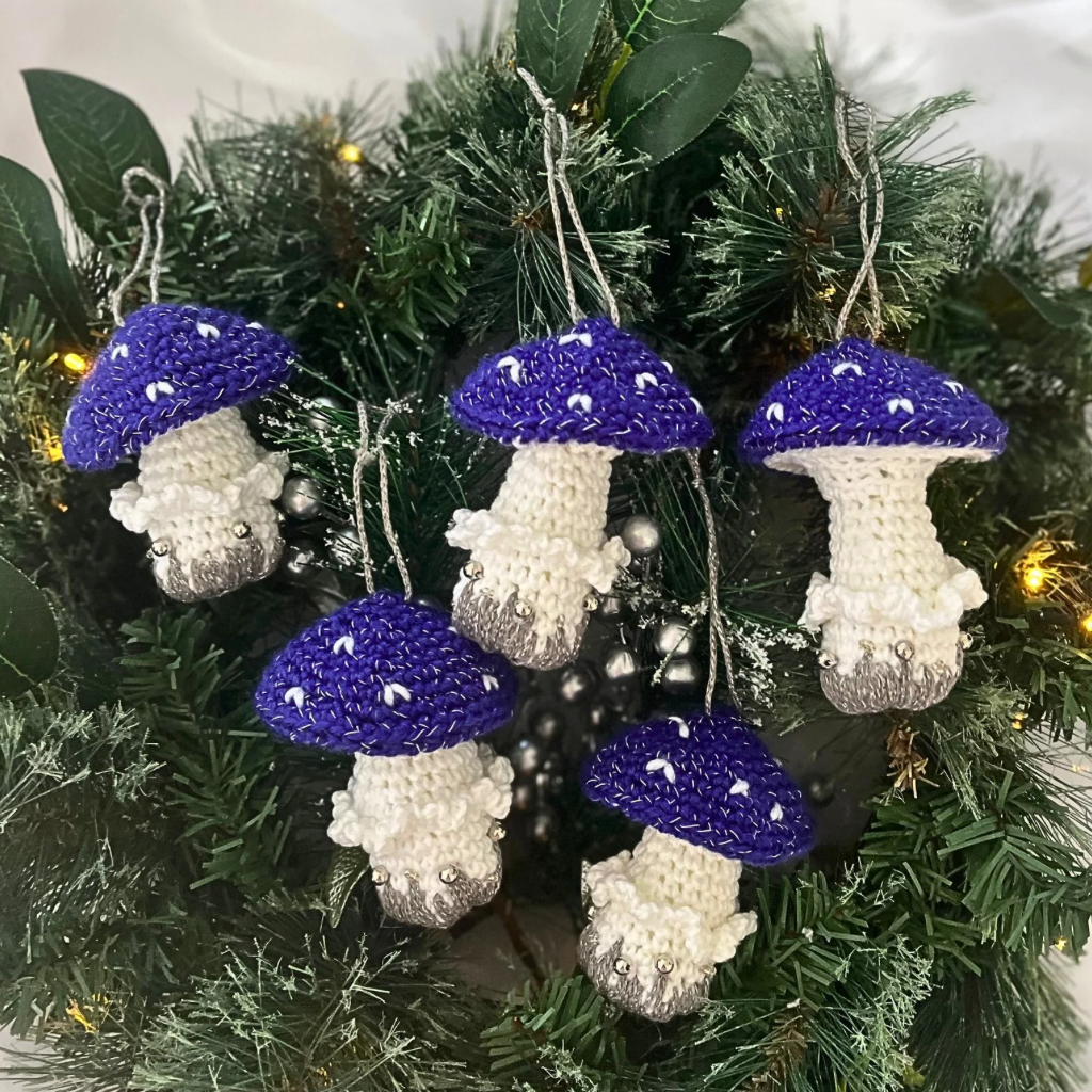 Handmade Crochet Xmas  Decorations Blue Mushrooms Gift Box of Five