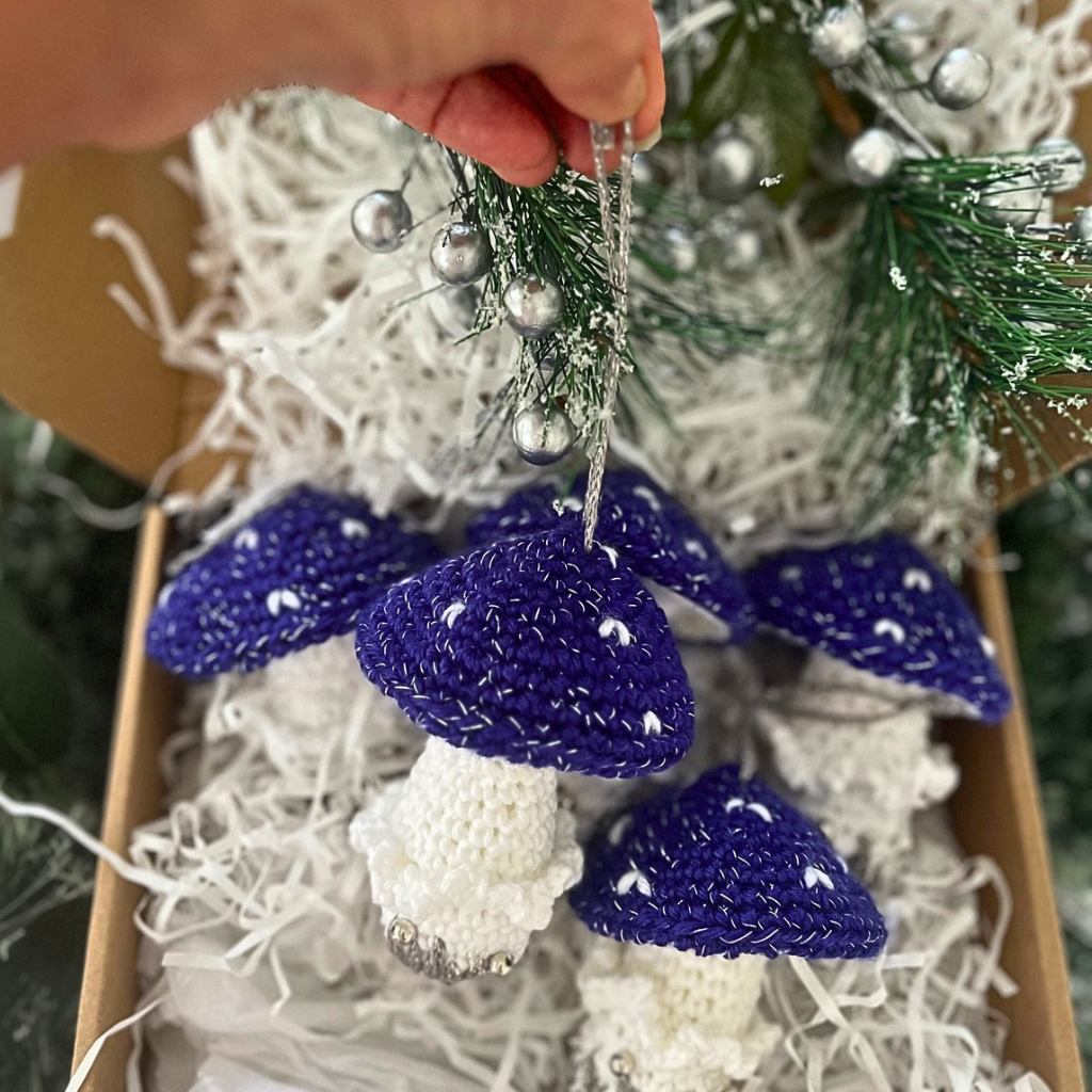 Handmade Crochet Xmas  Decorations Blue Mushrooms Gift Box of Five