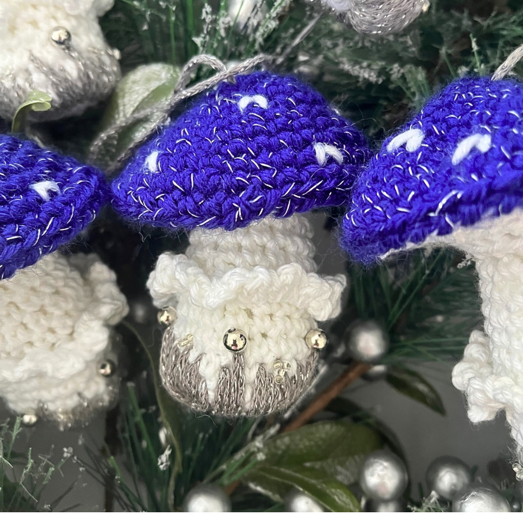 Handmade Crochet Xmas  Decorations Blue Mushrooms Gift Box of Five
