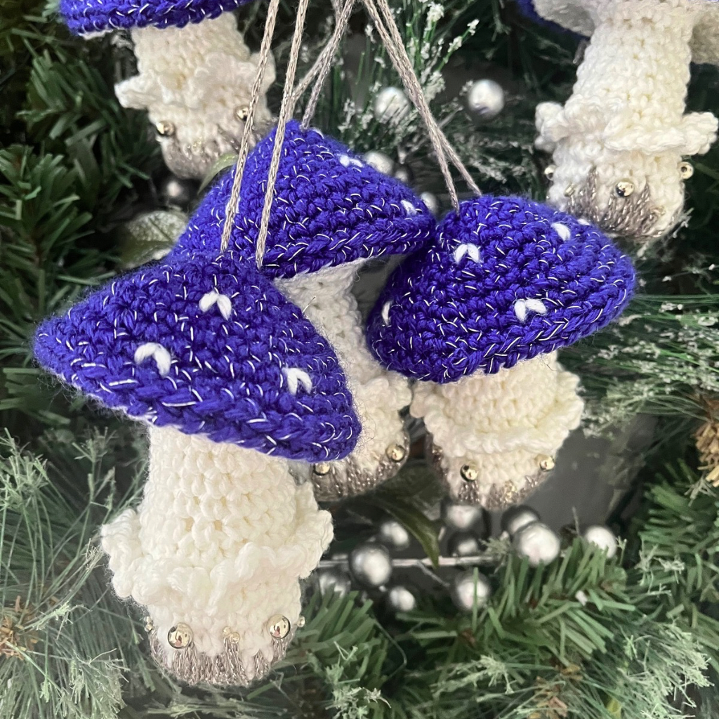 Handmade Crochet Xmas  Decorations Blue Mushrooms Gift Box of Five