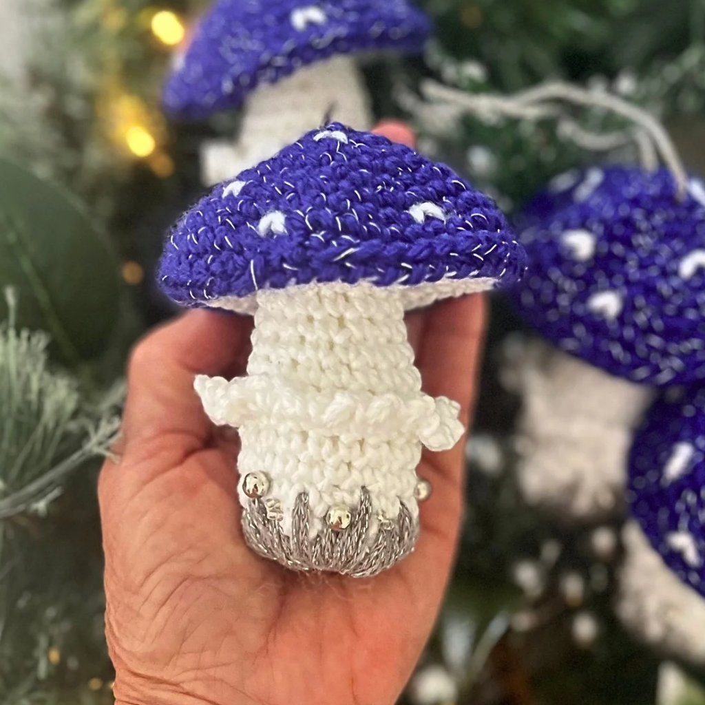Handmade Crochet Xmas  Decorations Blue Mushrooms Gift Box of Five