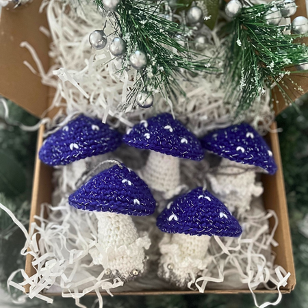 Handmade Crochet Xmas  Decorations Blue Mushrooms Gift Box of Five