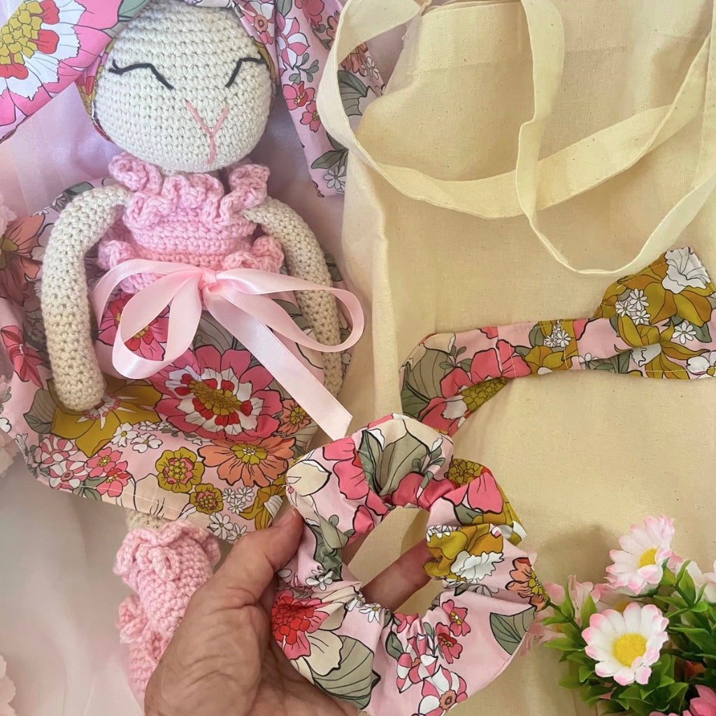 Handmade Crochet Soft Bunny Doll Miss Blossom with Carry Bag, Scrunchie | 50cms