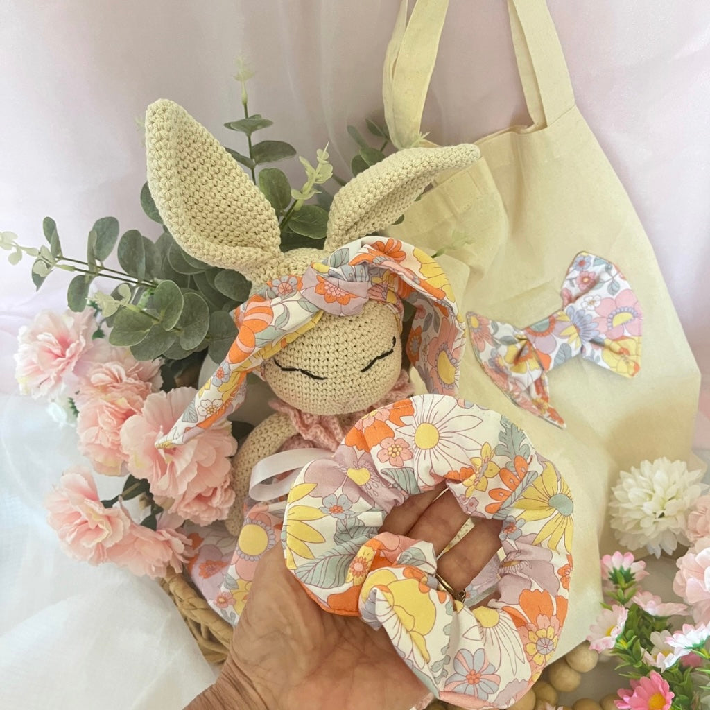 Handmade Crochet Bunny Doll Miss Nellie ,Matching Carry Bag, Scrunchie