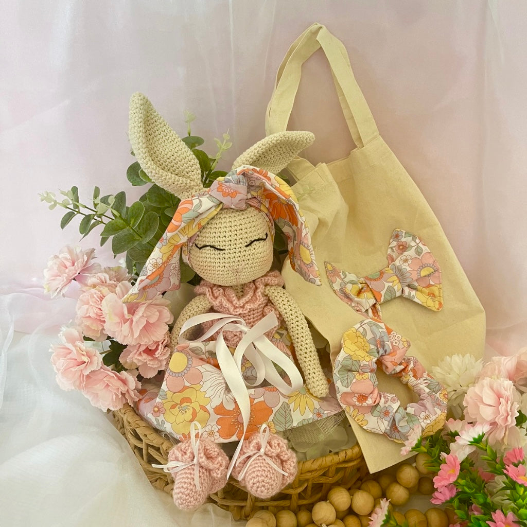 Handmade Crochet Bunny Doll Miss Nellie ,Matching Carry Bag, Scrunchie
