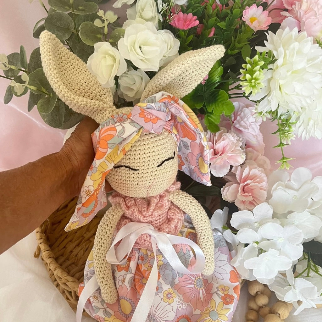Handmade Crochet Bunny Doll Miss Nellie ,Matching Carry Bag, Scrunchie