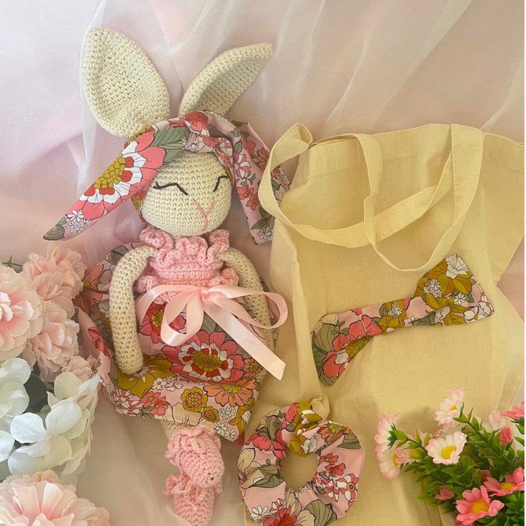 Handmade Crochet Soft Bunny Doll Miss Blossom with Carry Bag, Scrunchie | 50cms