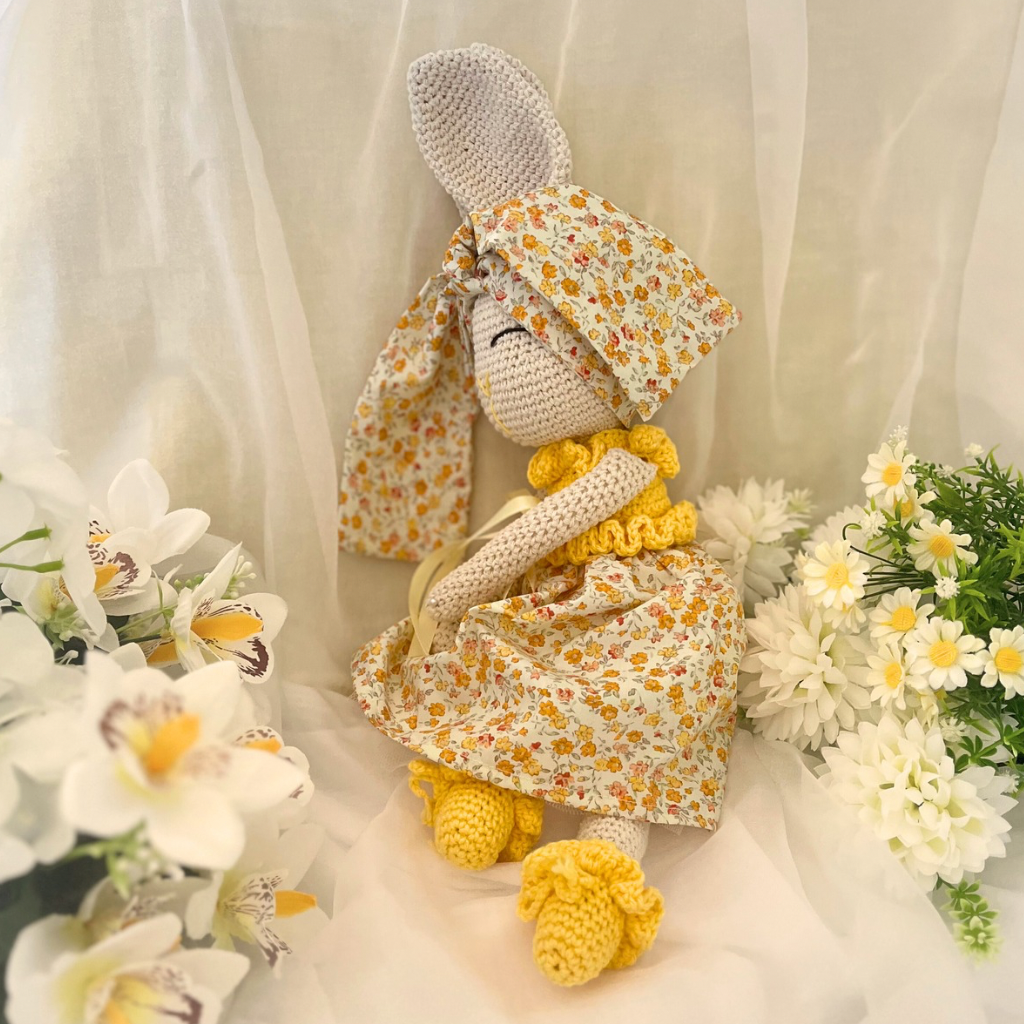 Handmade Crochet Bunny Doll Miss Honey|Matching Bow Carry Bag|Matching Hair Scrunchie