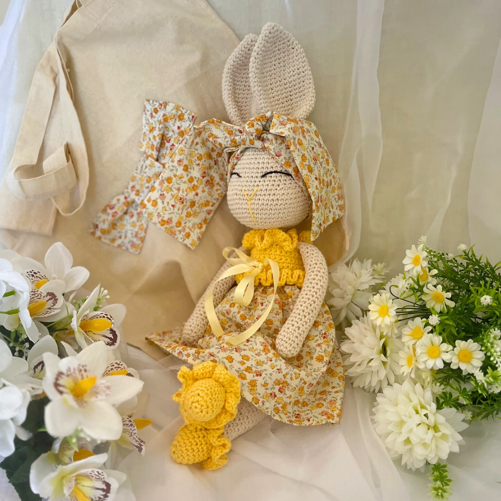 Handmade Crochet Bunny Doll Miss Honey with Carry Bag|50cms