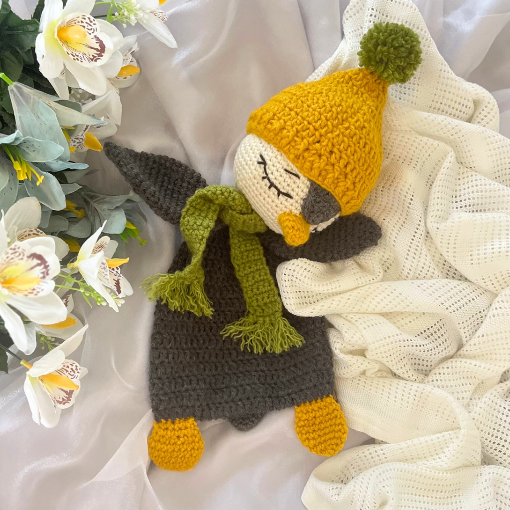 Handmade Crochet Penguin Snuggler with Handmade Xmas Gift Bag