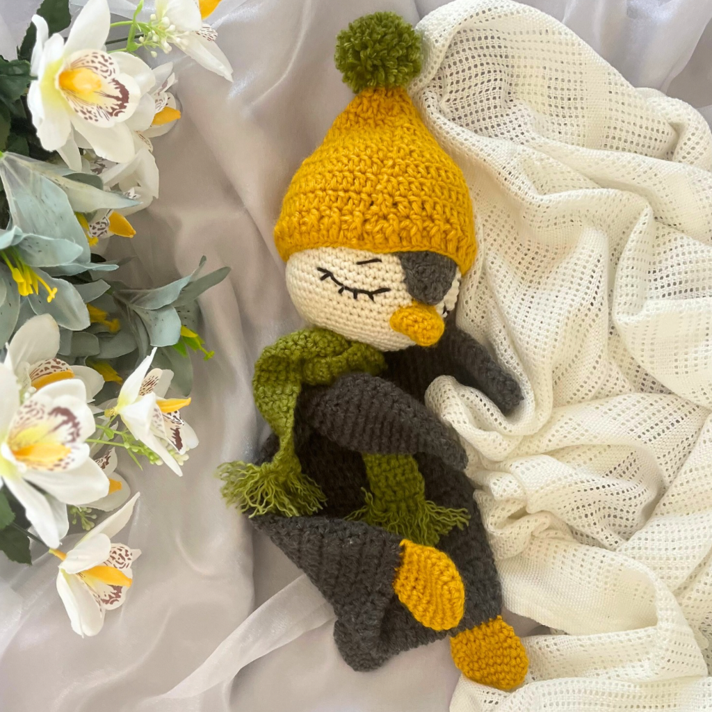 Handmade Crochet Penguin Snuggler with Handmade Xmas Gift Bag