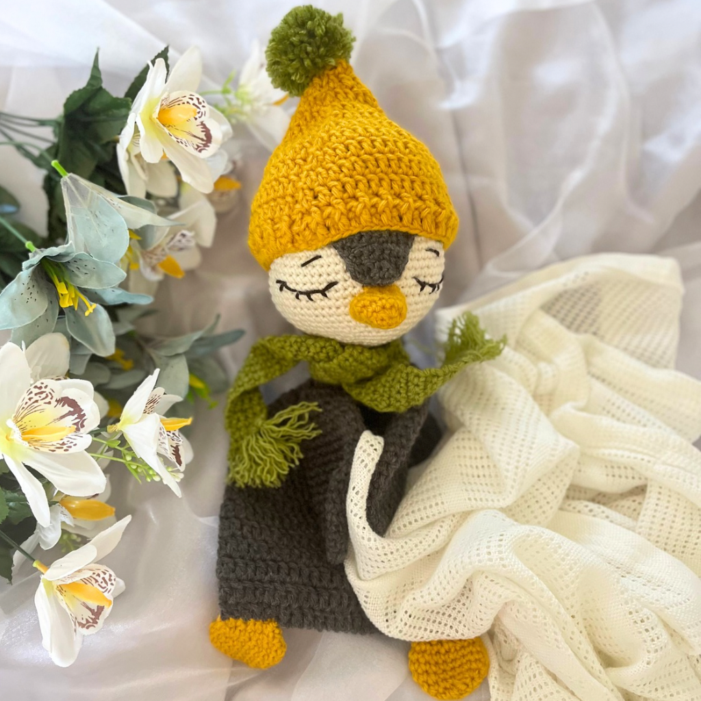 Handmade Crochet Penguin Snuggler with Handmade Xmas Gift Bag