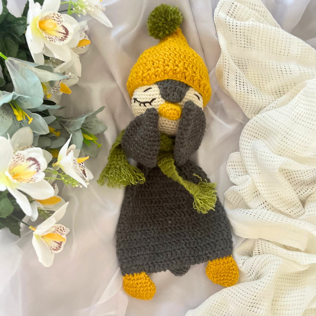 Handmade Crochet Penguin Snuggler with Handmade Xmas Gift Bag