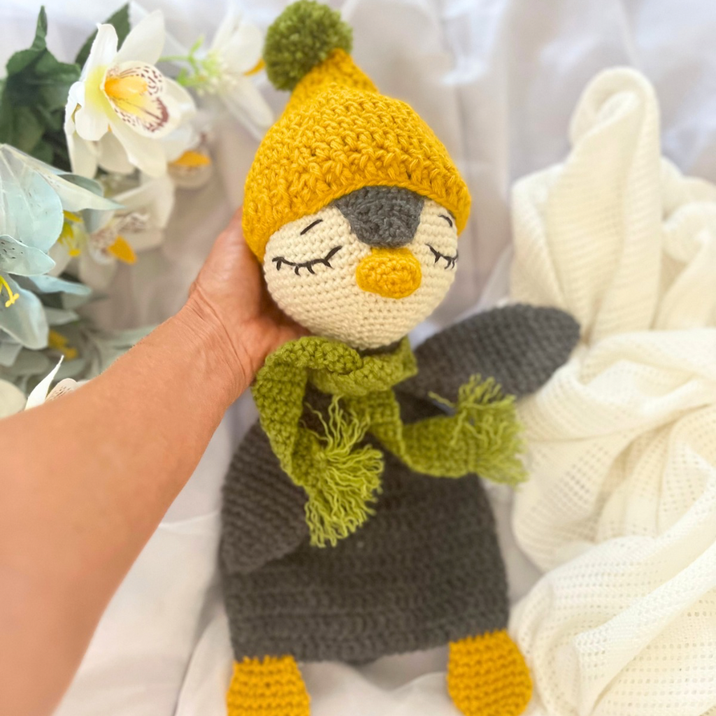 Handmade Crochet Penguin Snuggler with Handmade Xmas Gift Bag