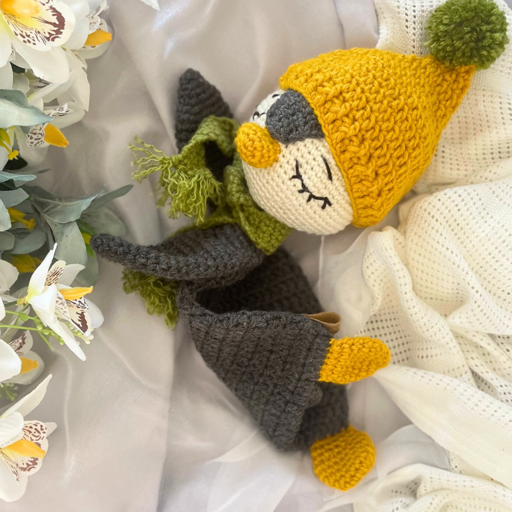 Handmade Crochet Penguin Snuggler with Handmade Xmas Gift Bag